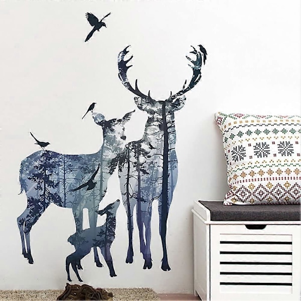 DEER FAMILY väggdekaler (78x109 cm) I dekorativa självhäftande väggdekaler djur skog fåglar träd I Dekoration för vardagsrum sovrum kök hall