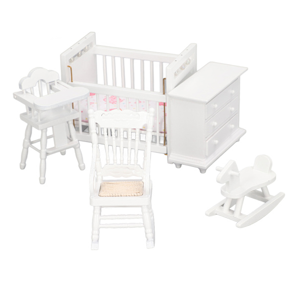 1:12 Dockhusmöbler Modell Set Miniatyr Baby Spjälsäng Gunghäst Stol Skåp Dekoration Tillbehör