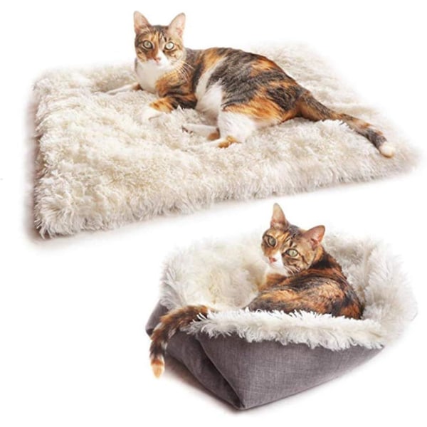 2-i-1 selvoppvarmende plysjmatte for katter og små hunder: Mykt teppe for innendørs og utendørs bruk