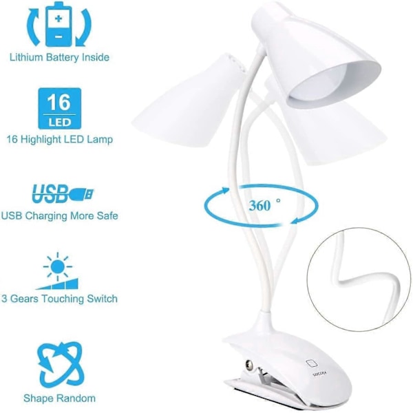 Læselampe, genopladelig læselampe med 3 lysstyrkeniveauer, berøringskontrol, 5500-6000k justerbar halsklemme læseboglampe, clip-on lampe
