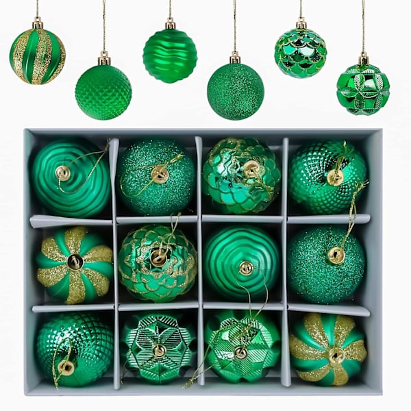 1 låda (grön) julgranskulor, 12 st julgranskulor Julgranskulor, matta