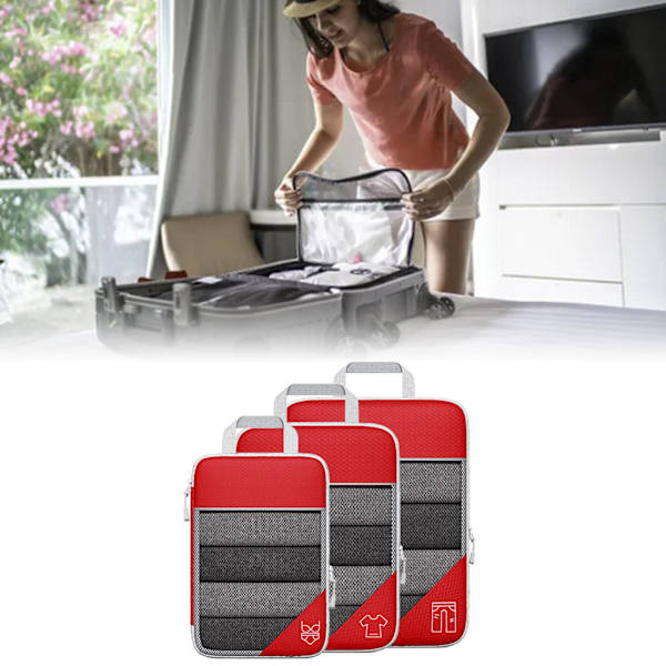 3-pack kompressionsförpackningskubkit Mesh Design Synlig Vattentät Bärbar för Resor Daglig Användning Röd