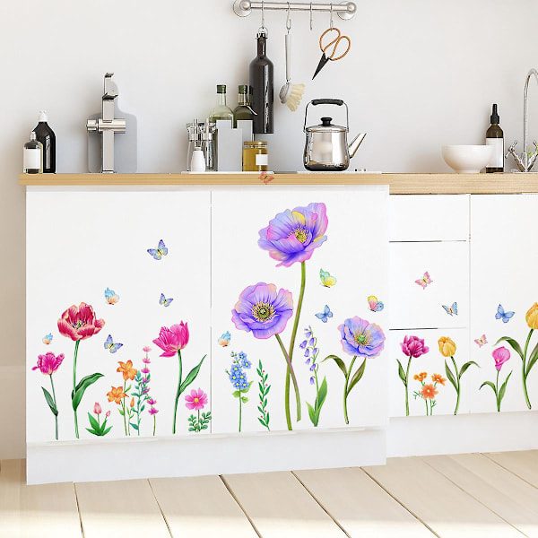En uppsättning väggdekaler Trädgårdsblommor Växter Fjärilar Väggdekor för Babyflickas Sovrum Vardagsrum Kontor