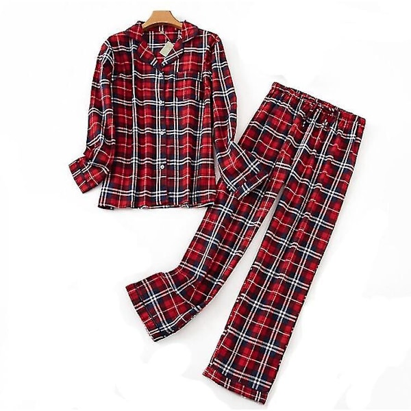 Mysig Flanell Bomull Pyjamas Set - Rutigt Tryck - Dam Sovkläder S röd