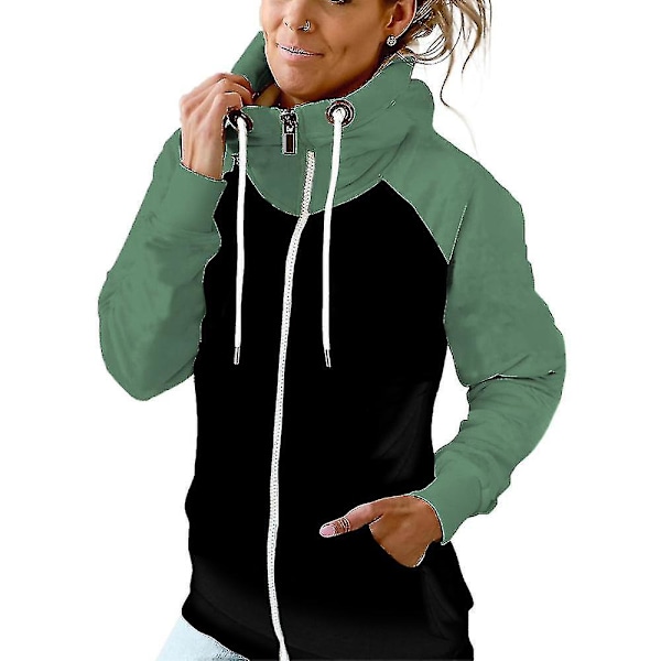 Colorblock hættetrøje sweatshirt til kvinder - stilfuld langærmet lynlåsjakke med lommer 2XL grøn