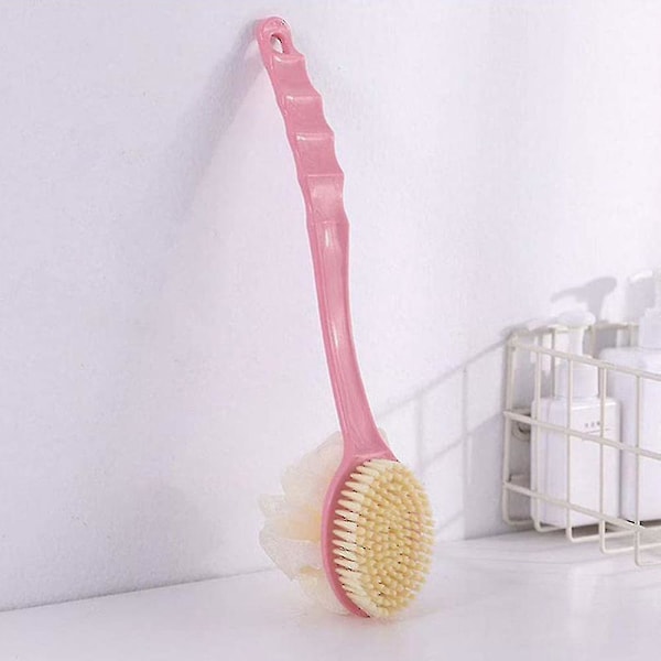 Duschborste med borst och loofah, lång ryggskrubb för män och kvinnor - Rosa