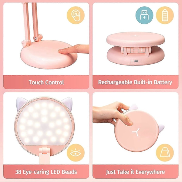 LED Skrivebordslampe Søt Skrivebordslampe Rosa Skrivebordslampe, 8 Lysstyrker Sammenleggbar Liten Skrivebordslampe, Bærbar Barnes Skrivebordslampe Dimbar Skrivebordslampe, USB-Lading Kawaii C