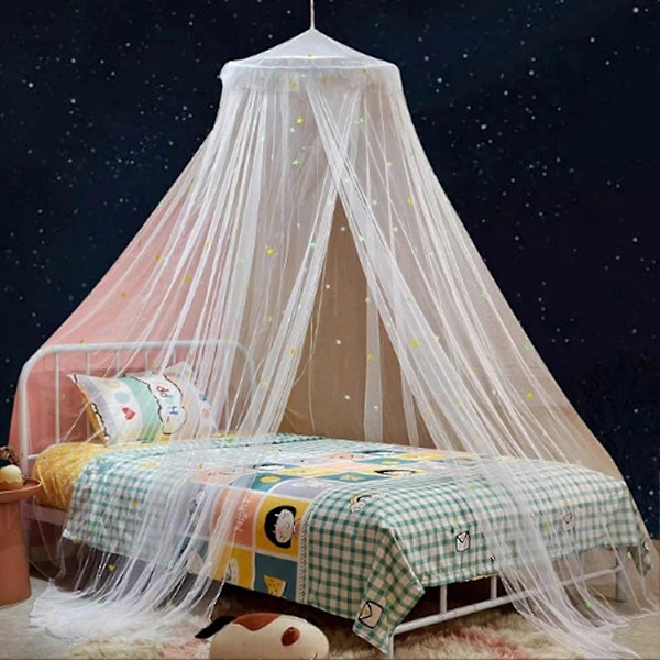 1 Sett Selvlysende Polyester Stjerner Prinsesse Dome Seng Baldakin Hvit S