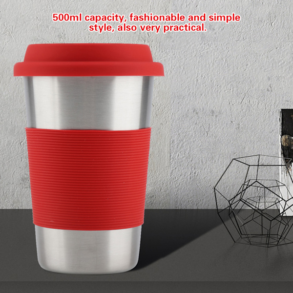 500ml Rostfritt Stål Mugg Dricka med Silikonlock & Lock Värmeisolering Vattenflaska (Röd)