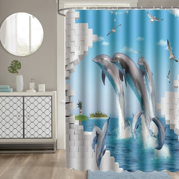 180x180cm Vakker trykt dusjforheng i polyester, vanntett baderomsgardin tilbehør Delfin