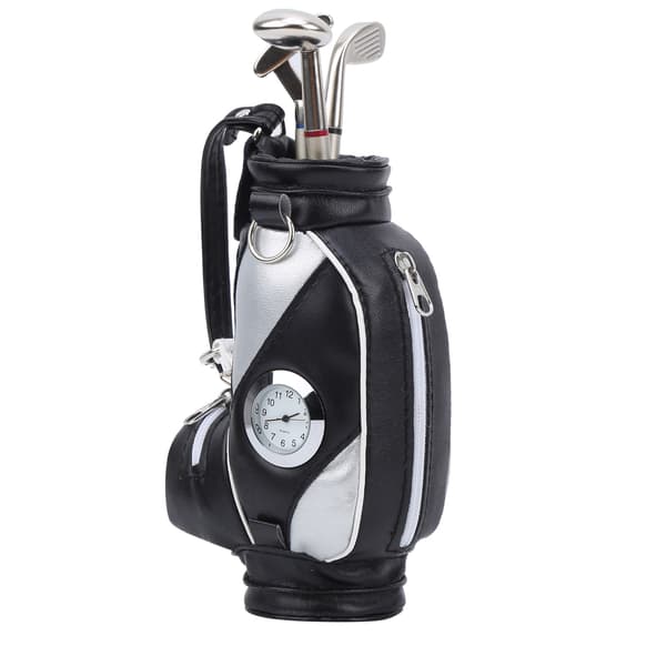 Mini Skrivbords Golfväska Pennklocka Zinklegering PU Läder med Golfpennor Souvenirset Present Svart Silver