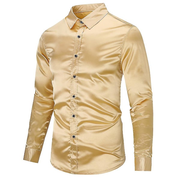 Gylden Glansfuld Slim-fit Mænds Casual Langærmet Formel Skjorte XS