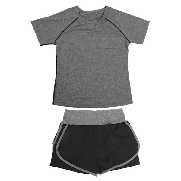 Dam sommar casual 2-delad kortärmad outfit set träningskläder fitness kläder set grå kortärmad + svart grå hög midja shorts L