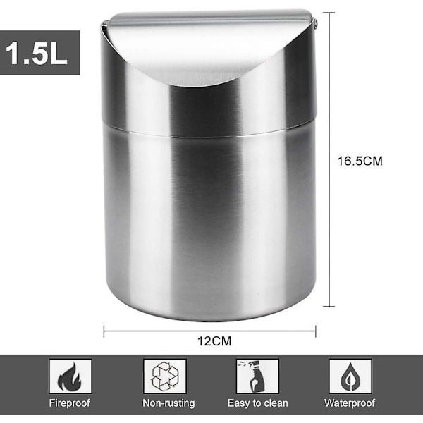 Mini Søppelbøtter for Skrivebord Stål Bord Søppelbøtte Mini Lokk Søppelkasse med Lokk for Hjemmekontor (12 * 12 * 16.5CM, 1.5L)