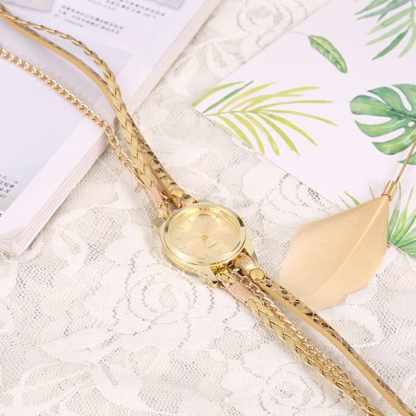 Kvinner Braid Weave Armbånd Kvarts Analog Rund Klokke Armbåndsur (Gull)