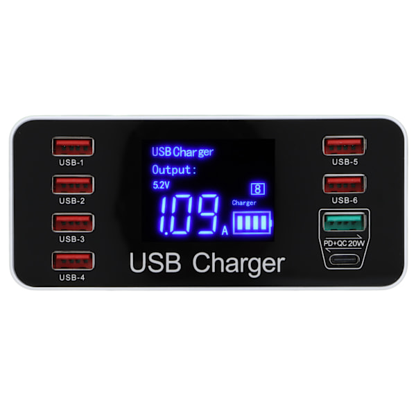 40W USB-telefonladdare med 8 portar, bärbar QC3.0 USB C typ C snabbladdare för resor, brittisk kontakt 100-240 V