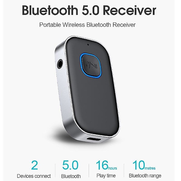 Bluetooth 5.0 Bilmodtager: Støjreducerende Bluetooth-adapter, Hjemmstereo Musikmodtager, Håndfri Opkald, 16 timers Batterilevetid