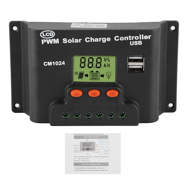 12V/24V LCD solcellelader dobbel USB-utgang batteriregulator for hjem, industri og næringsbruk med 20A nominell lading/utlading