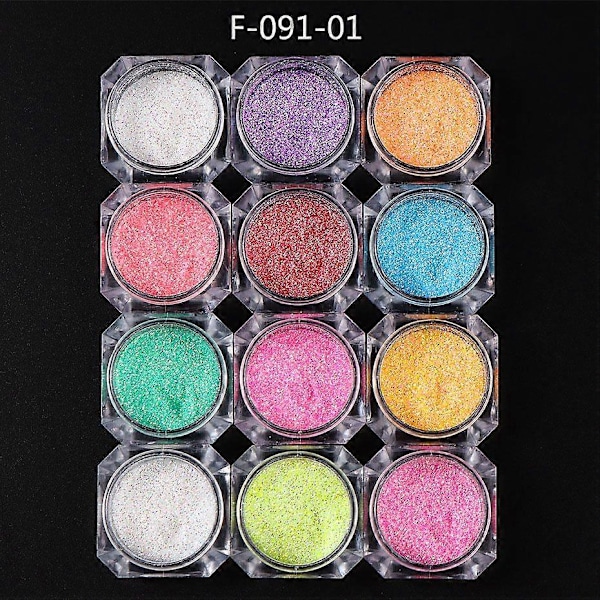 12 Flasker Neglelitterpulver, Reflekterende Neglekunstpulver, Holografisk Sukkereffekt, Krompigment, Manikyrdekorasjon F-091-01