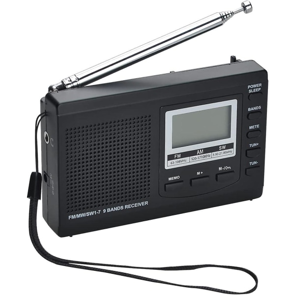 Bærbar 9-bånds radiomodtager med højttaler og hovedtelefoner, 12/24 timers display, baggrundsbelysning, alarm, fremragende modtagelse