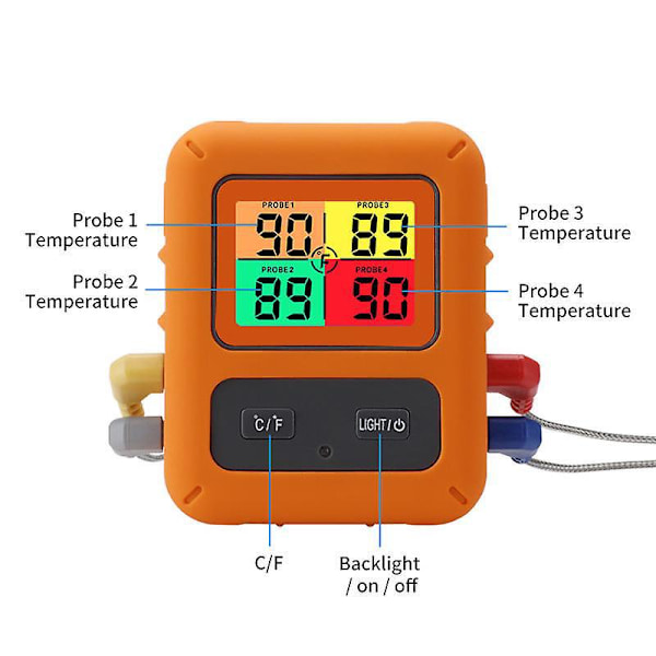 Kökstermometerset med 4 sonder - Omedelbar avläsning LCD-display, BBQ, stekning och temperatursondupplysning i färg