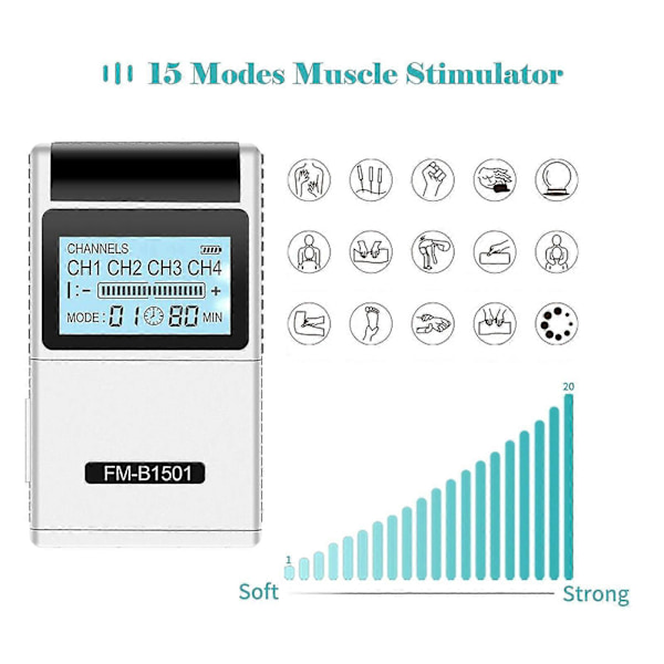 Tens Ems Muskelstimulator 15 Lägen 4 Utgångar 8 Pads Smärtlindring Elektrisk Puls Impulsmassage Maskin Elektroterapimaskin -DGJR
