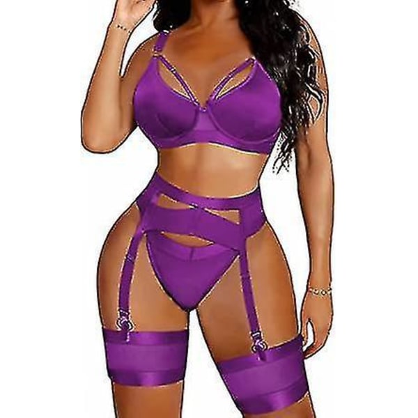 Seductive 4-Piece Women's Lingerie Set - Bra, Panty, Garter Belt & Thigh Cuffs (Purple)