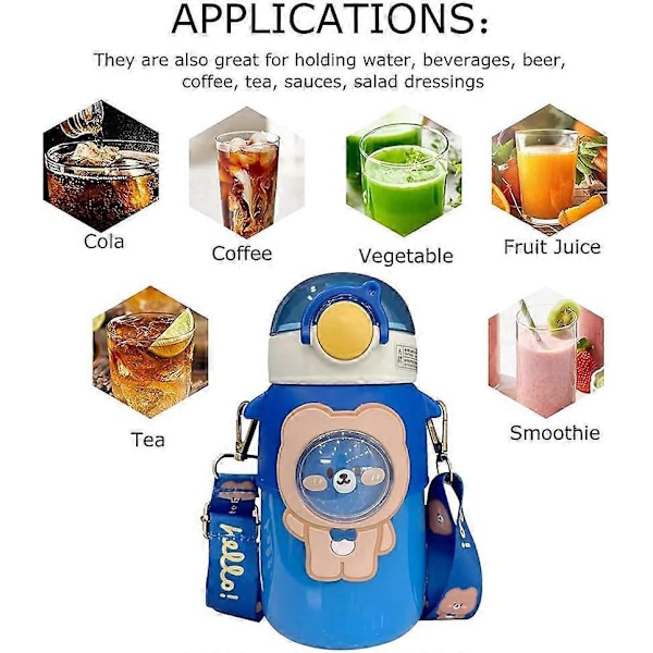 Kawaii Vannflaske med Sugerør, Søte Vannflasker med 3D Kawaii Klistremerke, Rustfritt Stål Vannflaske 600ml (Blå)