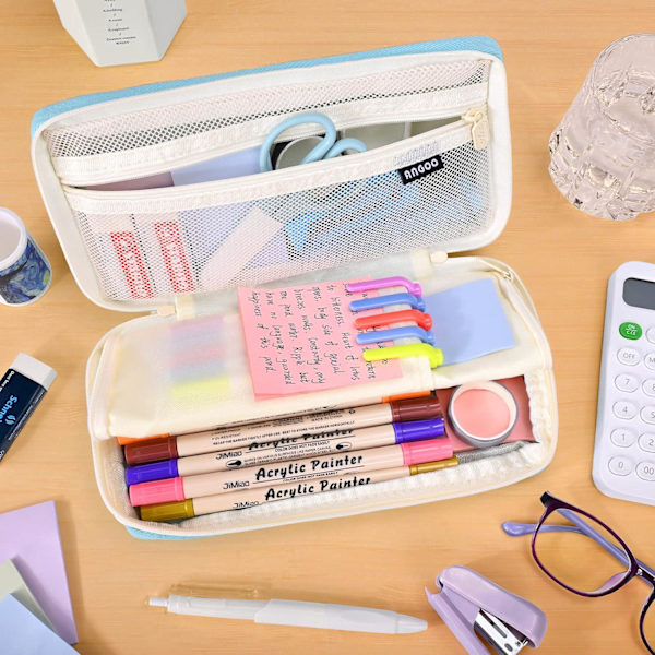 Blå skolepenalhus, skolepenaltaske med stor kapacitet, æstetisk makeuppose til skoleartikler til piger Drenge Kvinder Mænd Børn Teenagere Studerende