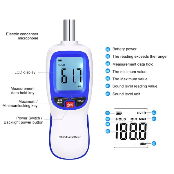 Ejoyous Lydniveaumåler, Bærbar Digital Decibel Måler Lydmåling 30-130dBA, MA