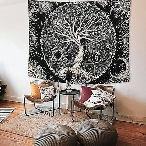 Livets Træ Tapet Måne og Sol Sort Psykedelisk Vægophæng Stjerne Mandala Hippie Vægdekoration til Soveværelse Kollegie Fest (150x200cm)
