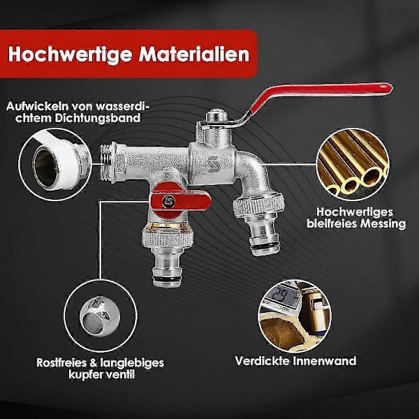 Havehane, dobbelt udløbshane 1/2 messinghane rust- og frostbestandig med 2x 3/4 udløb + 1x rulleforseglingstape, dobbelt samling og slangestuds Fo