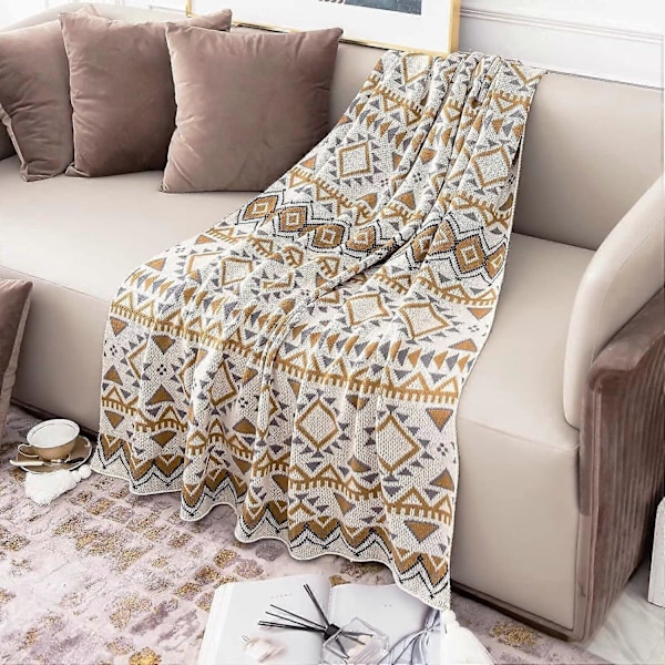 Boho-tyylinen neulottu torkkupeitto, jossa on hapsut, akryylinen neulottu koristepeitto sohvalle, tuolille, sängylle, divaanille, 130*170cm