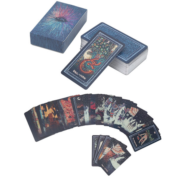 Tarot-korttipakka, lautapeli, ennustuskortteja, kuparipainettua paperia, pelikortteja