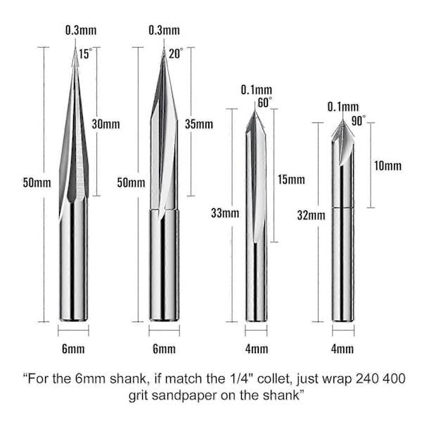 CNC Router Bits Sæt 1/4, Gravering Træskærer Router Bit 6mm & 4mm, V-Groove, Profil Bit, Wolframstål - 4 STK