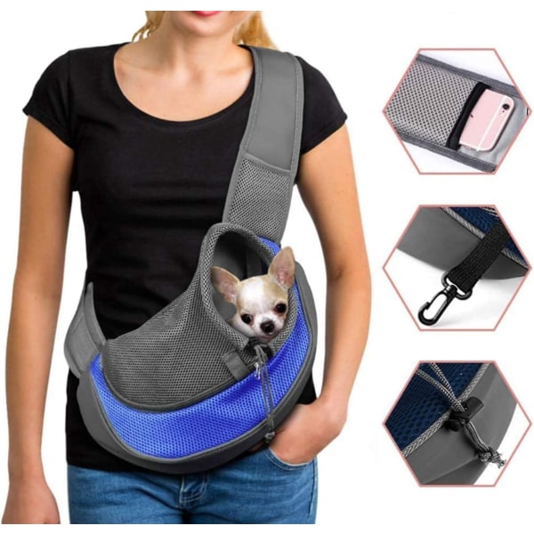 Blå justerbar hund- och kattbärväska med andningsbar mesh