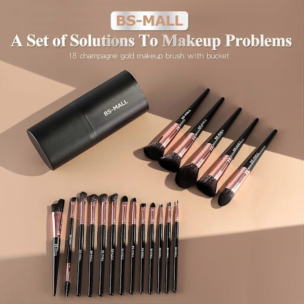 Sminkekostsett 18 stk Premium Syntetisk Foundation Pudder Concealere Øyenskygger Rouge Sminkekoster med svart etui