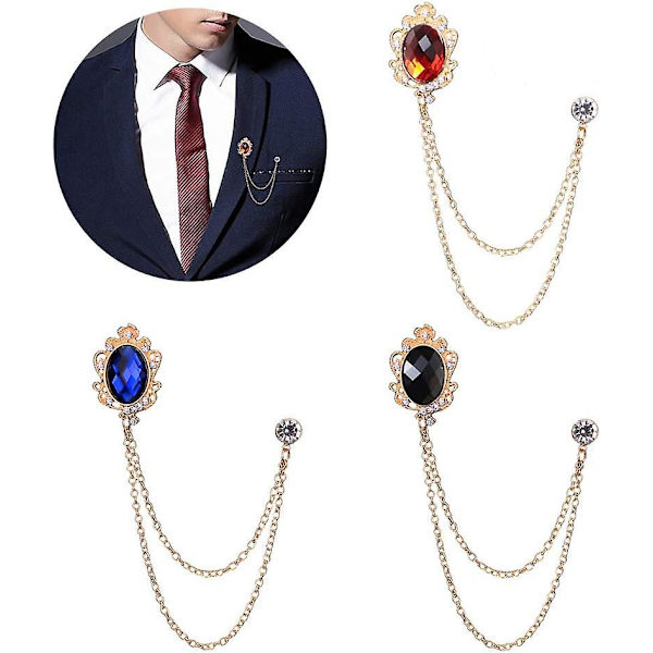 Vintage kristallblusklämmor - 3-delat set, modesmycken för män Corsage, röd-blå diamantdesign