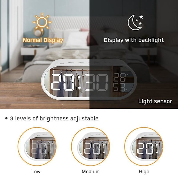 Spegel LED Digital Väckarklocka med Dubbla USB-Laddningsportar för Sovrum, Hemmakontor - Vit