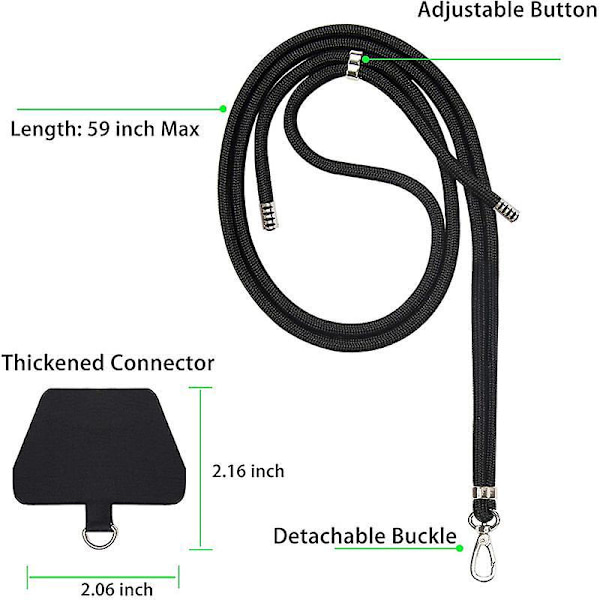 Justerbar Nylon Crossbody Telefon Lanyard Rem med Patch - Kompatibel med de fleste smartphones (Sort)