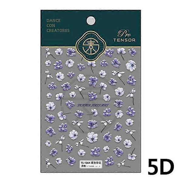 5D Lyx Blå och Lila Blomdesign Nagelstickers Mjuka Präglade Självhäftande Dekorativa Nagelkonst TS1864
