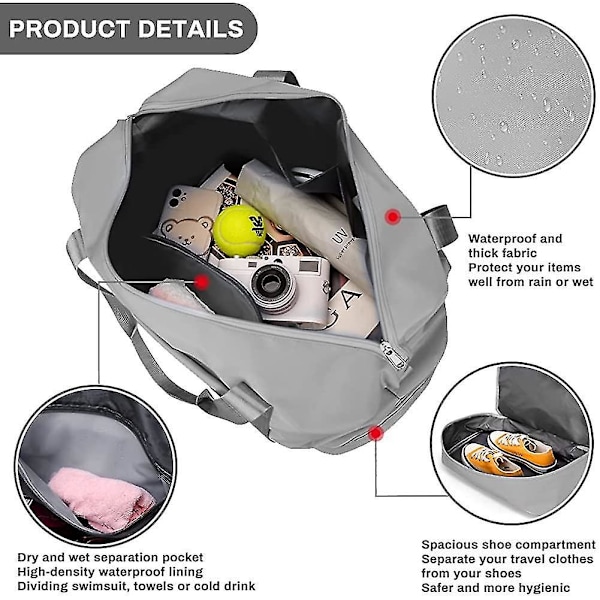 Naisten suuri 36L viikonloppu-matkalaukku märän ja kuivan erotuksella, vedenpitävä urheilukassi harmaa