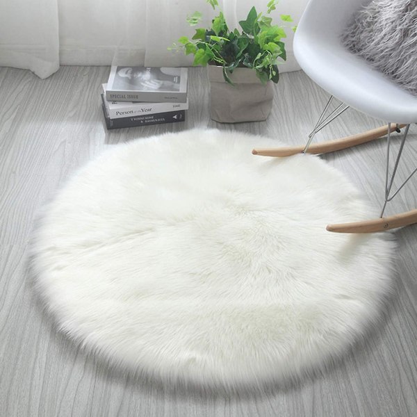 Hvitt rundt fuskepels-teppe - sklisikker myk fleecematte for stue, soverom, sofa - 45x45cm