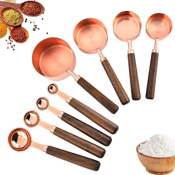 8-delt målebeger- og måleskjesett med trehåndtak, premium rustfritt stål, roségullfinish, ideelt for matlaging og baking