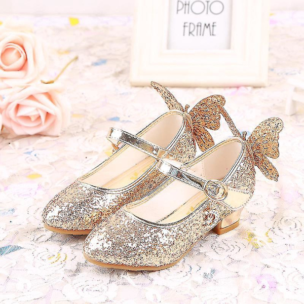 Glitter Princess Flickor Höga Klack Läder Skor med 3D Fjäril 37 Guld