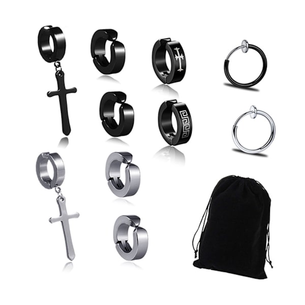 10 stk Cross Ear Clip Titanium Stål Mænd Rock Style Clip On Hoop øreringe individuelt pakket letvægts moderigtigt ørering