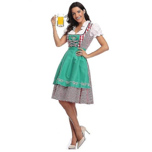 Perinteinen saksalainen ruudullinen Dirndl-mekko Oktoberfest-asu naisille Vihreä XS