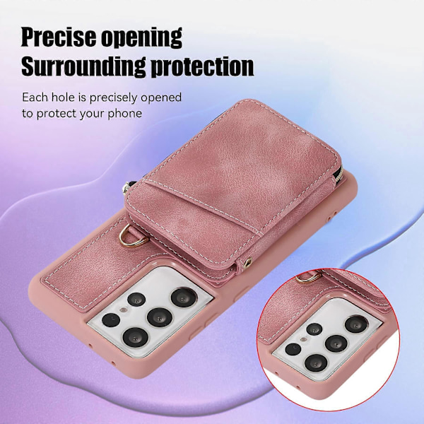 Etui til Samsung Galaxy S23 Ultra, Lommeboketui i Skinn med Glidelås, Rosa