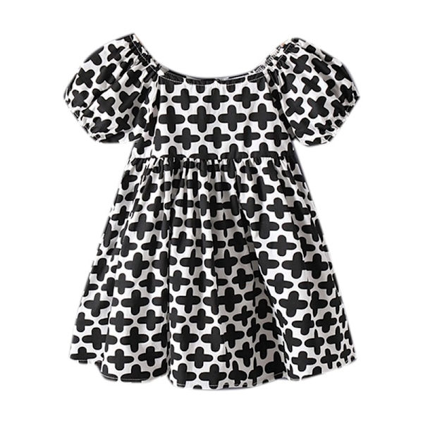 Girls Dress Short Puff Sleeve Cute Elegant Flowy Floral Printing Lovely Children Dress Black 120