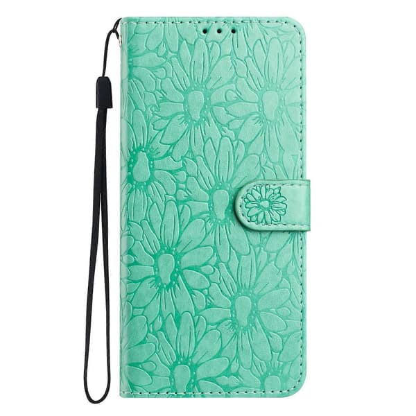 Leather Case with Embossed Daisy Pattern, Wallet Stand, Protective Phone Cover for Samsung Galaxy A56 5G Green